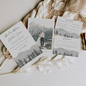 Minimalist Mountain Wedding Invitation Template, Outdoor Wedding, Rustic Forest Wedding Invite, Summer Wedding, Invitation Suite With Photo