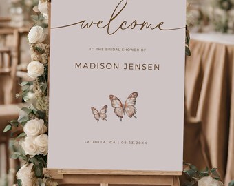 Butterfly Bridal Shower Welcome Sign Template, Editable In Canva, Spring Bridal Shower Decor, Modern Minimalist, Light Pink Entrance Sign