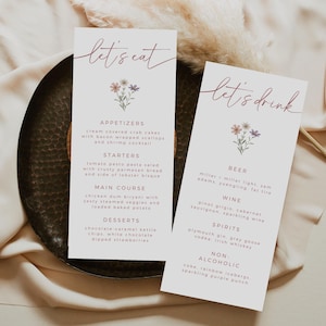 Plantilla minimalista de menú de boda con flores silvestres, menú floral editable para cena y bebida, tarjetas de menú para cena de ensayo de primavera, plantilla de Canva para crear tú mismo