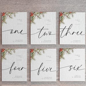 Tarjetas con números para mesas navideñas, plantilla de Canva totalmente editable, caligrafía elegante, letrero de boda para fiestas, decoración de invierno para centros de mesa