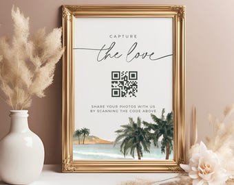 Tropical Wedding Photo QR Code Sign, Editable Template, Palm Tree