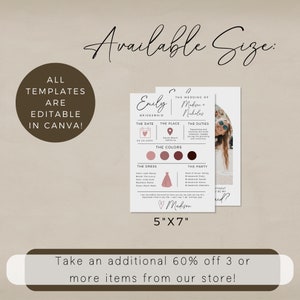 May include: Editable bridesmaid card template in Canva. The card is 5 inches by 7 inches and features a pink and brown color scheme. The text on the card includes "The Wedding of Madison + Nicholas" and "Emily Bridesmaid".
