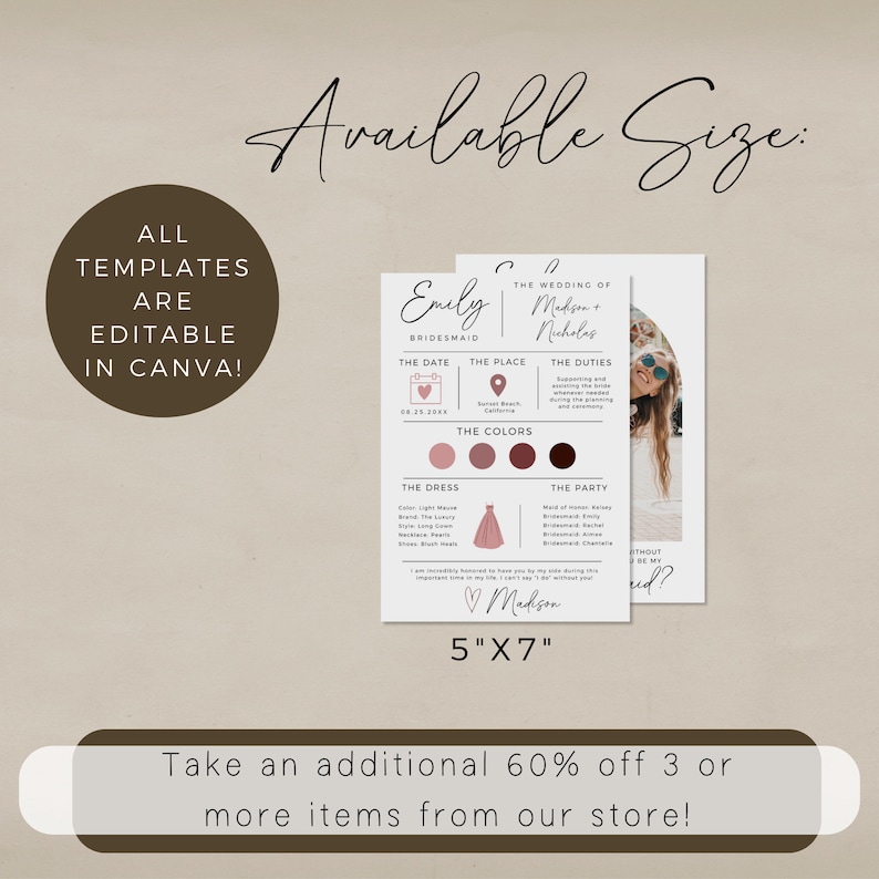 May include: Editable bridesmaid card template in Canva. The card is 5 inches by 7 inches and features a pink and brown color scheme. The text on the card includes "The Wedding of Madison + Nicholas" and "Emily Bridesmaid".