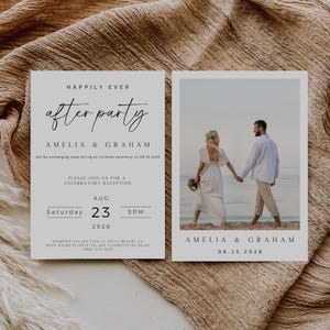 Minimalistische Happly Ever After Party-Einladung, Hochzeitsfeier-Einladung, Boho Elopement-Ankündigungs-Fotokarte, bearbeitbare Vorlage