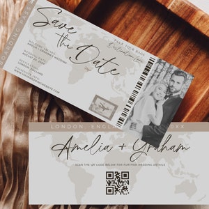 May include: Save the Date wedding announcement with a travel theme. The announcement features a map of the world, a plane ticket, and a QR code. The text on the announcement reads "Save the Date", "Amelia + Graham", "August 25, 20xx", "London, England", and "www.yourweddingwebsite.com".