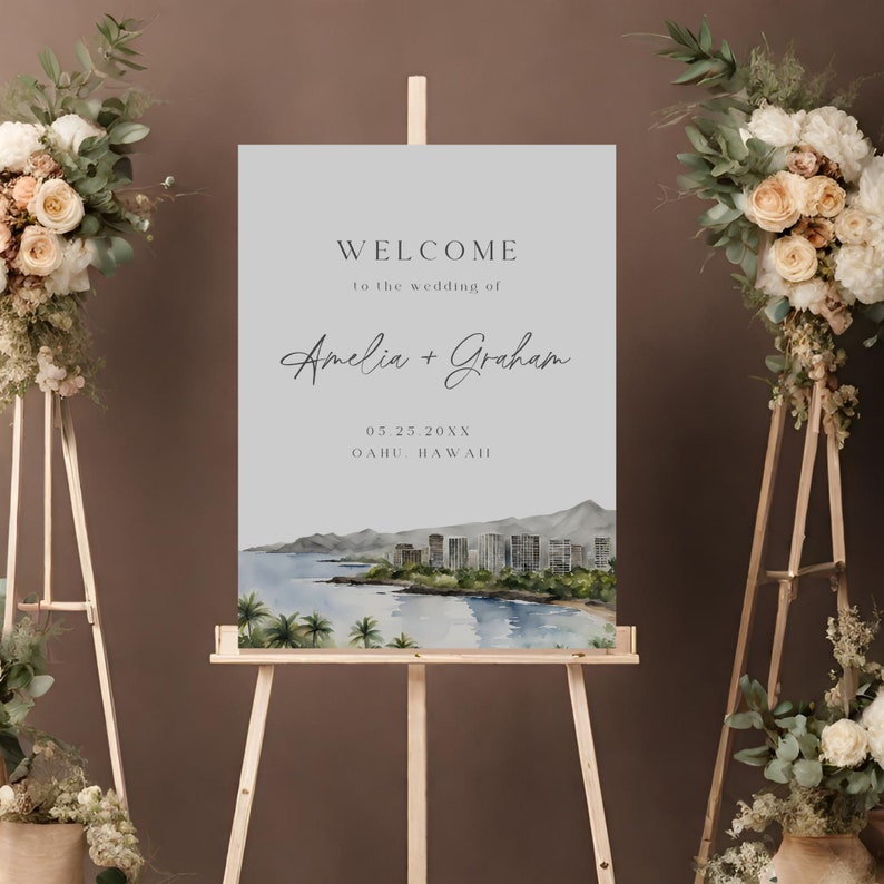 Hawaii Wedding Welcome Sign, Editable Template, Wedding Entrance Sign, Edit In Canva, Beach Wedding Decor, Tropical Wedding Signage image 4