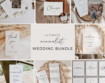 Könnte beinhalten: Eine Sammlung minimalistischer Hochzeitspapeterie, darunter Einladungskarten, Tischkarten und Dankeskarten. Die Designs zeichnen sich durch elegante Typografie und eine neutrale Farbpalette aus, perfekt für eine moderne Hochzeit. Der Text "ULTIMATE minimalist WEDDING BUNDLE" wird angezeigt.