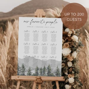 Berg Sitzplan Schild, vollständig bearbeitbare Vorlage, Tischnummer Schild, Boho Hochzeitsschild, Bearbeitung in Canva, Sofort-Download, Zeremonie Dekor