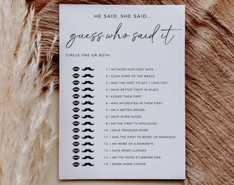 He Said She Said, Guess Who Said It Game, Printable Bridal Shower Game, Editable Template, Modern Minimalist, Boho Bridal Shower