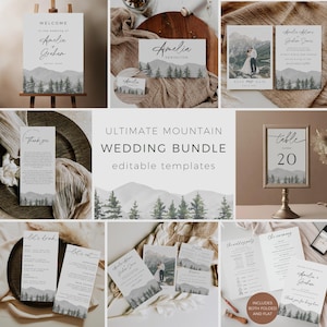 Könnte beinhalten: Ein Satz druckbarer Hochzeitsschablonen mit einem Bergmotiv. Die Vorlagen umfassen ein Willkommenszeichen, Tischnummern, Dankeskarten und mehr. Das Design zeigt eine Aquarell-Bergkette mit Kiefern und einer minimalistischen Schrift.