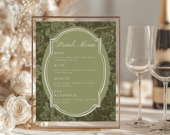 Vintage Green Bar Menu Sign, Editable Wedding Drink Sign, Printable Let's Drink Cocktail Menu Template, Customizable Wedding Bar Signage