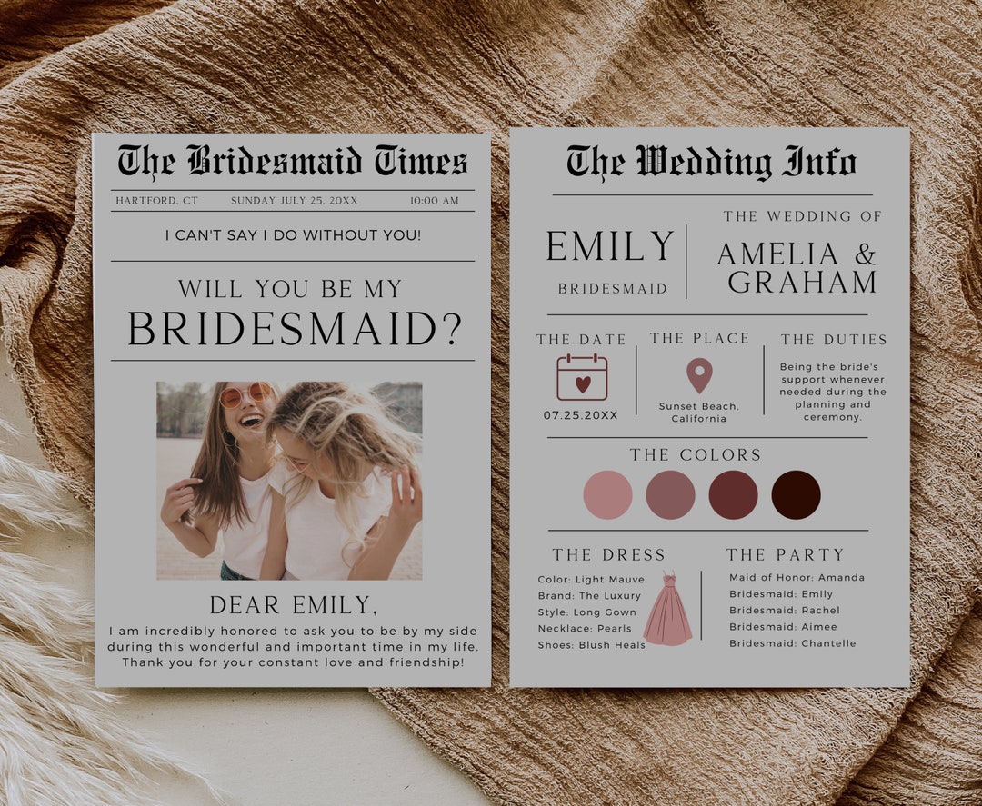 Newspaper Bridesmaid Proposal Template, Bridesmaid Info Card, Will You Newspaper Bridesmaid Proposal Template, Bridesmaid Info Card, Will You