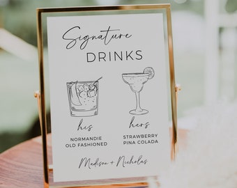 Modern Signature Drink Sign, Cocktail Sign, Wedding Drink Sign, His And Hers Drinks, Boho Wedding Bar Menu, Editable Template, Edit In Canva