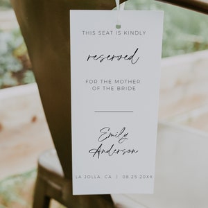 Wedding Reserved Seat Tag, Modern Minimalist, Wedding Reserved Seating Sign, Reserved Chair Tag, Editable Template, Reserved For Family image 1