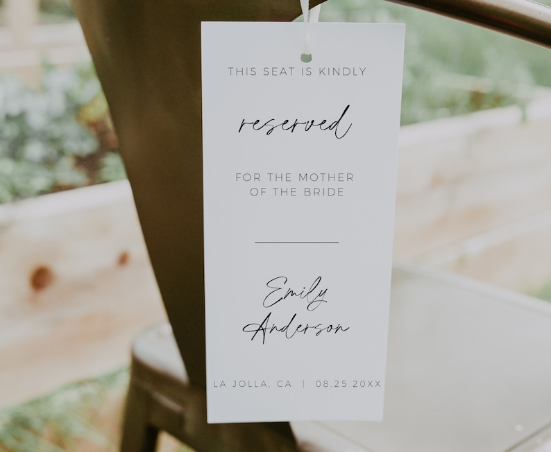 Wedding Reserved Seat Tag, Modern Minimalist, Wedding Reserved Seating Sign, Reserved Chair Tag, Editable Template, Reserved For Family image 1