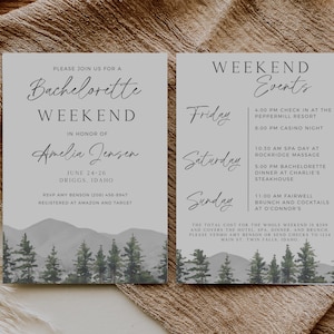 Mountain Bachelorette Weekend Invitation, Camp Bachelorette, Summer Wedding, Bachelorette Itinerary Template, Editable In Canva
