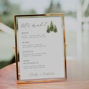 Placa de bebida de casamento de pinheiro de inverno, menu de bar de floresta faça você mesmo, placa de coquetel Let's Drink, modelo editável, placa de bar para impressão, download instantâneo