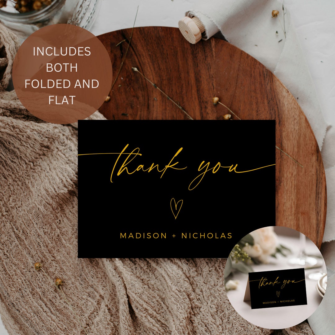 Black and Gold Wedding Thank You Card Template, Folded and Flat ...