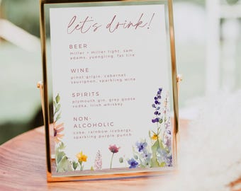 Aquarel wilde bloemen bar menubord, bord bloemen bruiloft drankje, laten we drinken cocktailsjabloon, bewerkbare bewegwijzering bruiloft bar, afdrukbaar menu