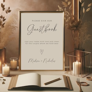Enseigne de livre d&#39;or minimaliste, veuillez signer notre livre d&#39;or, enseigne de mariage bohème, modifiable sur toile, décoration de mariage élégante, modèle modifiable