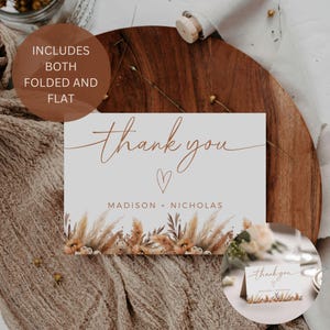 Tarjetas de agradecimiento de boda floral de otoño, plegadas y planas, plantilla de agradecimiento de boda boho de otoño editable, tarjetas de papelería de boda imprimibles