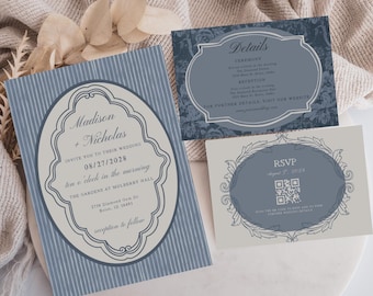 Vintage Dusty Blue Wedding Invitation Suite, Editable Canva Template with Photo, Printable Floral Striped Wedding Stationery