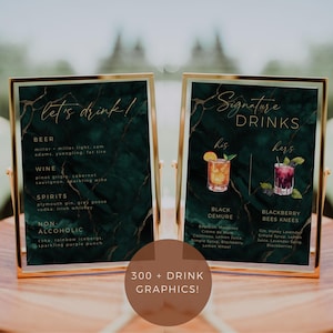 Smaragd Signatur Drink Schild Vorlage, dunkelgrünes und goldenes Bar-Menü-Schild, Smaragd Marmor Hochzeitsgetränke Schild, druckbares Hochzeitsdekor