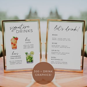 May include: Two gold framed signs with white backgrounds and black text. The left sign says "signature drinks" and lists two drinks with illustrations: "Strawberry Pina Colada" and "his Cojito". The right sign says "let's drink!" and lists drink options under the headings "Beer", "Wine", "Spirits", and "Non-Alcoholic".