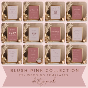 Blush roze bruiloft bord bundel, volledig bewerkbare canvas sjablonen, DIY stoffige roos decor huwelijksceremonie, afdrukbare bewegwijzering bruiloft receptie