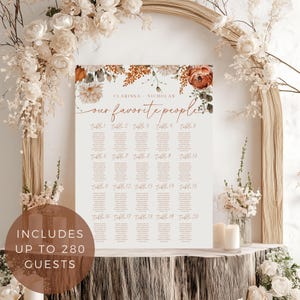 Puede incluir: Un plano de asientos de boda con los nombres de Clarissa y Nicholas, y la frase "our favorite people". El gráfico incluye números de mesa y espacio para nombres de invitados, con un diseño floral en tonos naranja y blanco. El letrero incluye hasta 280 invitados.