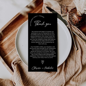 Schwarz Danke Tischkarten, Hochzeitsmenü-Platzierung, vollständig bearbeitbare Vorlage, druckbare Serviettennotiz, Gedeck-Notiz, Bearbeitung in Canva