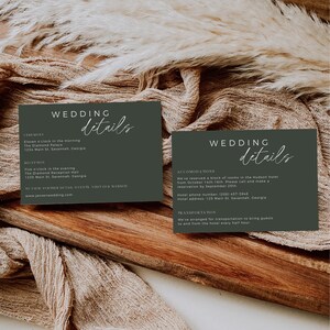 May include: Two green cards with white text announcing wedding details. The top card lists the ceremony and reception times and locations. The bottom card lists accommodations and transportation details. The text includes the names "The Diamond Palace" and "The Hudson Hotel".