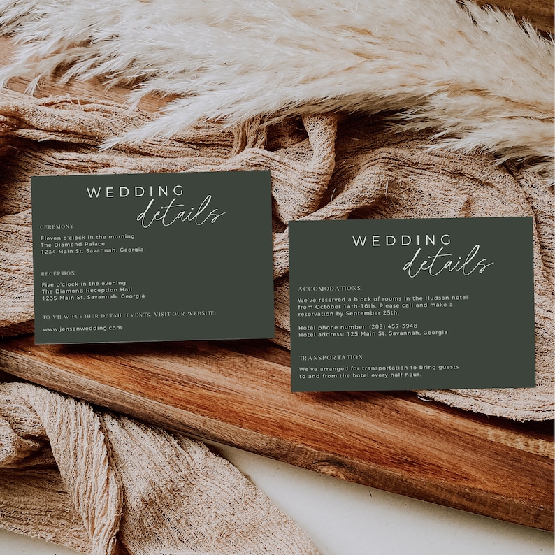 May include: Two green cards with white text announcing wedding details. The top card lists the ceremony and reception times and locations. The bottom card lists accommodations and transportation details. The text includes the names "The Diamond Palace" and "The Hudson Hotel".