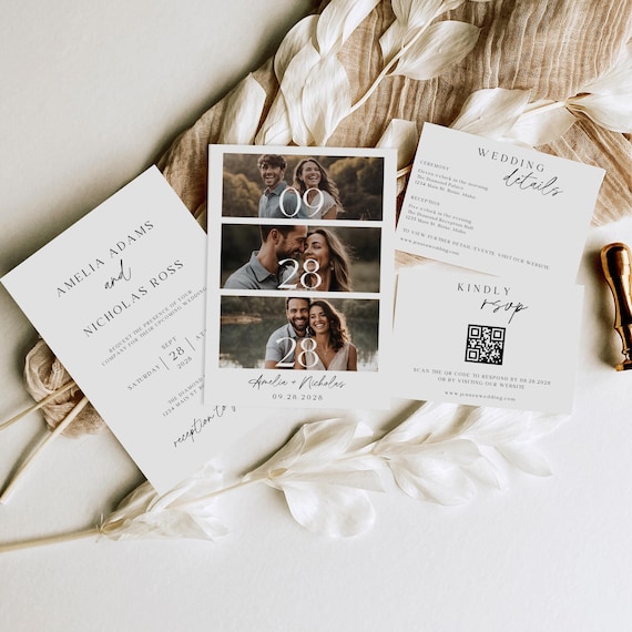 Minimalist Wedding Invitation Suite With Photo, Editable Canva Template, Modern Wedding Stationery, Printable Invite Set, DIY Wedding Cards