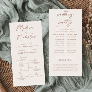 May include: A wedding invitation with a cream background and copper colored text. The invitation includes the names Madison and Nicholas, the date June 21, 2028, and the location La Jolla Beach, California. The invitation also includes a wedding schedule with icons for the ceremony, photos, luncheon, reception, cocktails and toasts, and the newlywed send off.