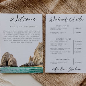 Note sur la pochette de bienvenue pour mariage à Cabo, modèle d'itinéraire à Cabo, détails du week-end de mariage, mariage à destination de Cabo, lettre de bienvenue de mariage