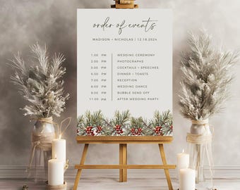 Christmas Wedding Order Of Events Sign, Winter Wedding Day Timeline, Holiday Itinerary Schedule, Fully Editable Template, Editable In Canva