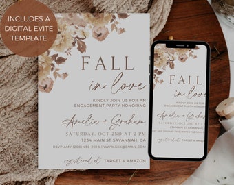 Engagement Party Invitation Template, Fall In Love Invitation, Autumn Engagement, Wedding Stationary, Editable In Canva, Digital Download