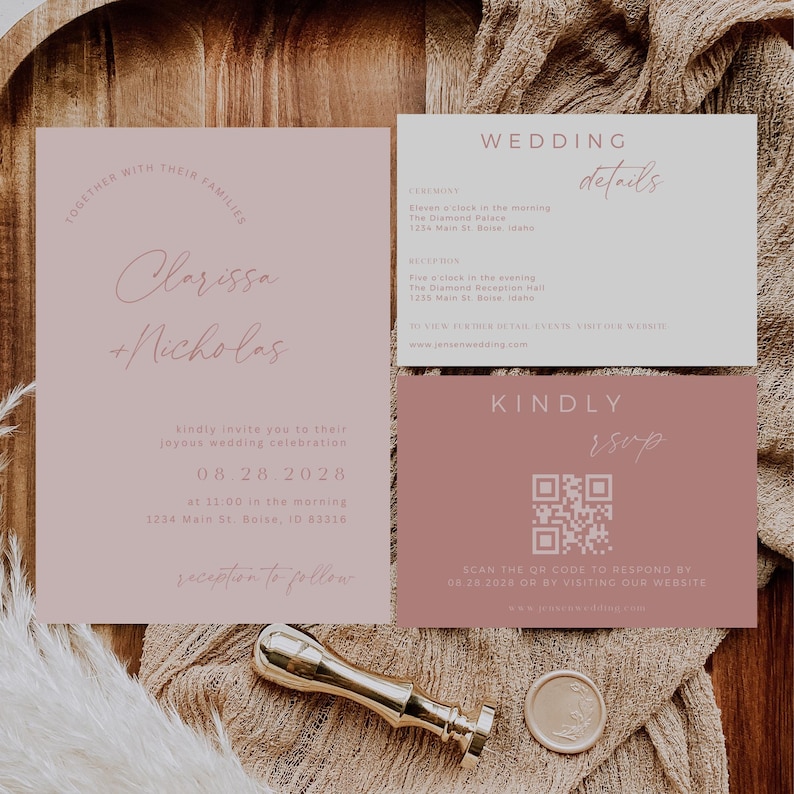 May include: Wedding invitation suite with a pink and white color scheme. The invitation features the couple's names, "Clarissa + Nicholas", the wedding date, "08.28.2028", and the time and location of the ceremony and reception. The RSVP card includes a QR code for guests to respond.