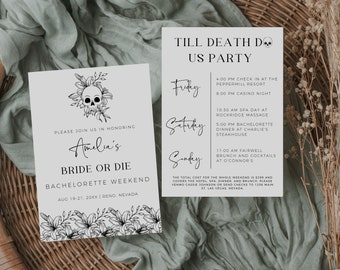 Bride Or Die Bachelorette Invitation Template, Till Death Do Us Party Bachelorette Party Invitation, Gothic Halloween Bachelorette Weekend