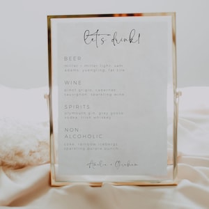 Minimalist Wedding Drink Sign Template, Wedding Bar Sign, Wedding Bar Menu Sign, Printable Cocktail Sign, Editable In Canva, Let&#39;s Drink