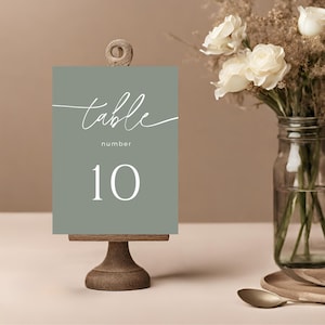 Numéro de table de mariage vert sauge, modèle modifiable, enseigne de mariage bohème, cartes numéro de table, minimaliste moderne, sièges pour mariage, édition sur toile