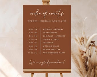 Terrakotta-Hochzeits-Reihenfolge der Ereignisse, Boho-Hochzeitstag-Timeline-Reiseplan, vollständig bearbeitbare Canva-Vorlage, druckbarer Hochzeitsplaner