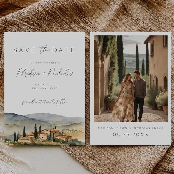 Toskana Save The Date, druckbares Hochzeitsbriefpapier, Save The Date-Vorlage mit Foto, Toskana Italien, bearbeitbare Vorlage, sofortiger Zugriff