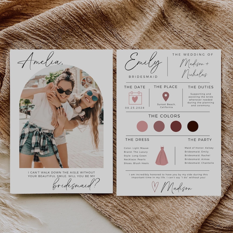 May include: A bridesmaid proposal card with a photo of two women smiling. The card features a pink and brown color scheme and the text "I can't walk down the aisle without your beautiful smile. Will you be my bridesmaid?"