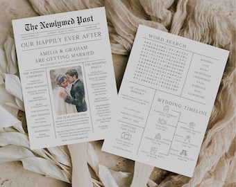 Newspaper Wedding Program Fan, Editable Template, Vintage Wedding Timeline, Wedding Itinerary, Edit In Canva, Printable Ceremony Program