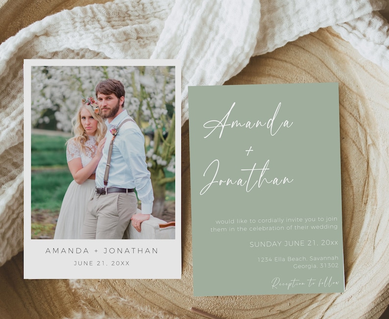 Minimalist Sage Green Wedding Invitation, Editable Template, Wedding Invitation Template With Photo, Printable Wedding Invite Cards image 1