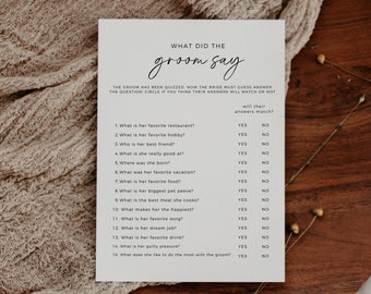 What Did The Groom Say, Printable Bridal Shower Game, Editable Template, Quiz The Groom, Fun Unique Bridal Shower Ideas, Digital Download