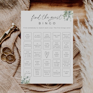 Greenery Find The Guest Bingo Game, Printable Bridal Shower Game, Editable Template, Instant Download, Edit In Canva, Boho Wedding Shower
