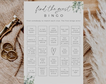 Greenery Find The Guest Bingo Game, Printable Bridal Shower Game, Editable Template, Instant Download, Edit In Canva, Boho Wedding Shower